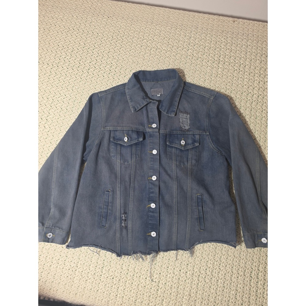 Before You Denim Jacket Womens M Blue Excellent Distressed Raw Hem Trucker